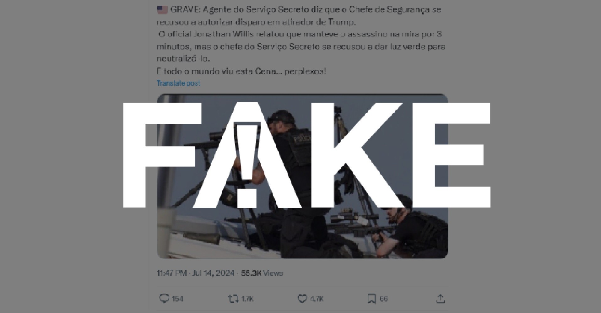 É #FAKE que agente do Serviço Secreto foi impedido pelo chefe de disparar contra atirador de Trump