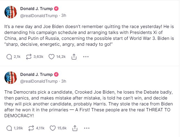 Trump zomba de Biden em rede social um dia após desistência: ‘Não se lembra de ter abandonado a disputa ontem’