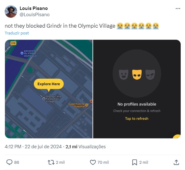 Pode colocar atletas em risco, justifica Grindr, aplicativo de relacionamento gay, sobre bloqueio de localização de usuários na Vila Olímpica de Paris