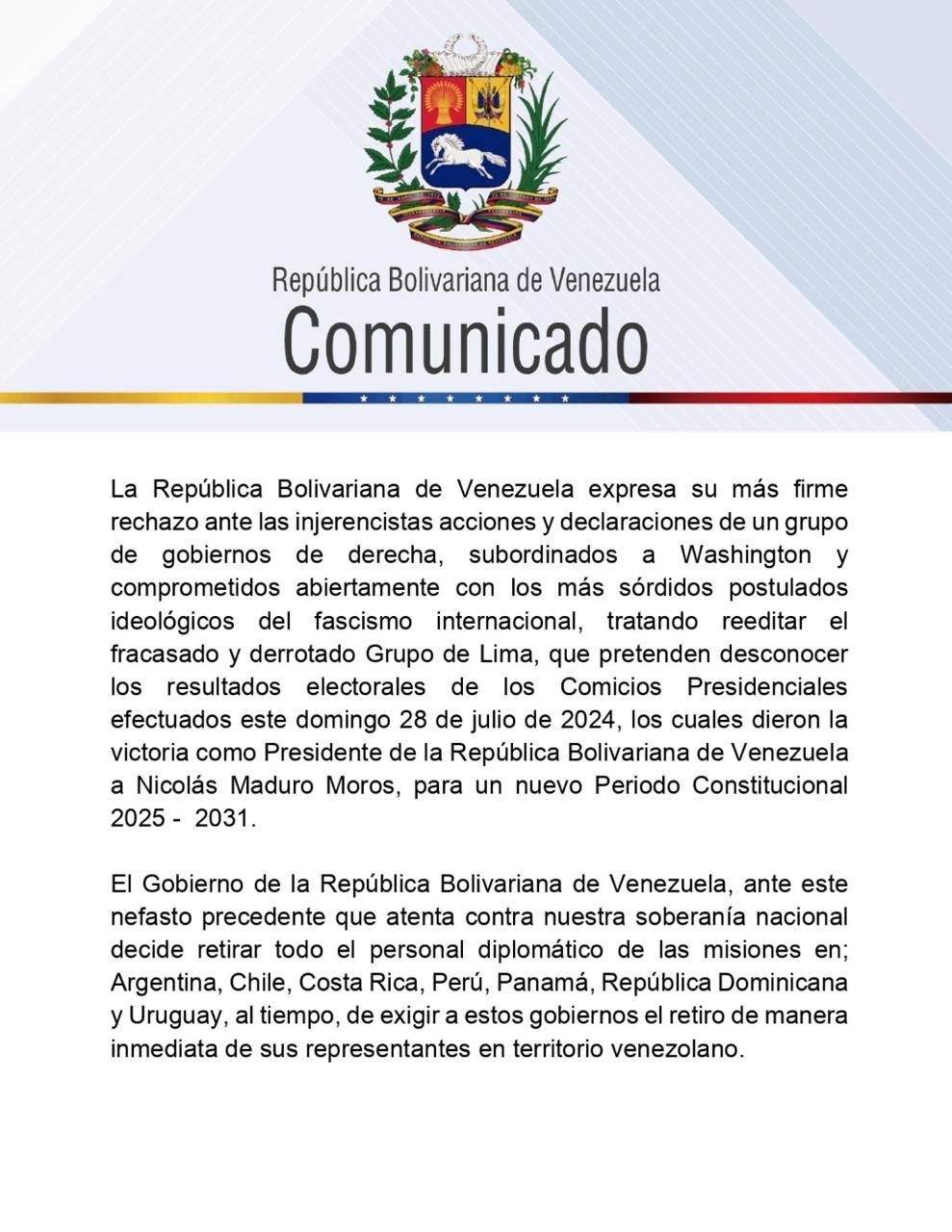 Governo Maduro expulsa embaixadores e diplomatas de 7 países que contestaram resultado das eleições
